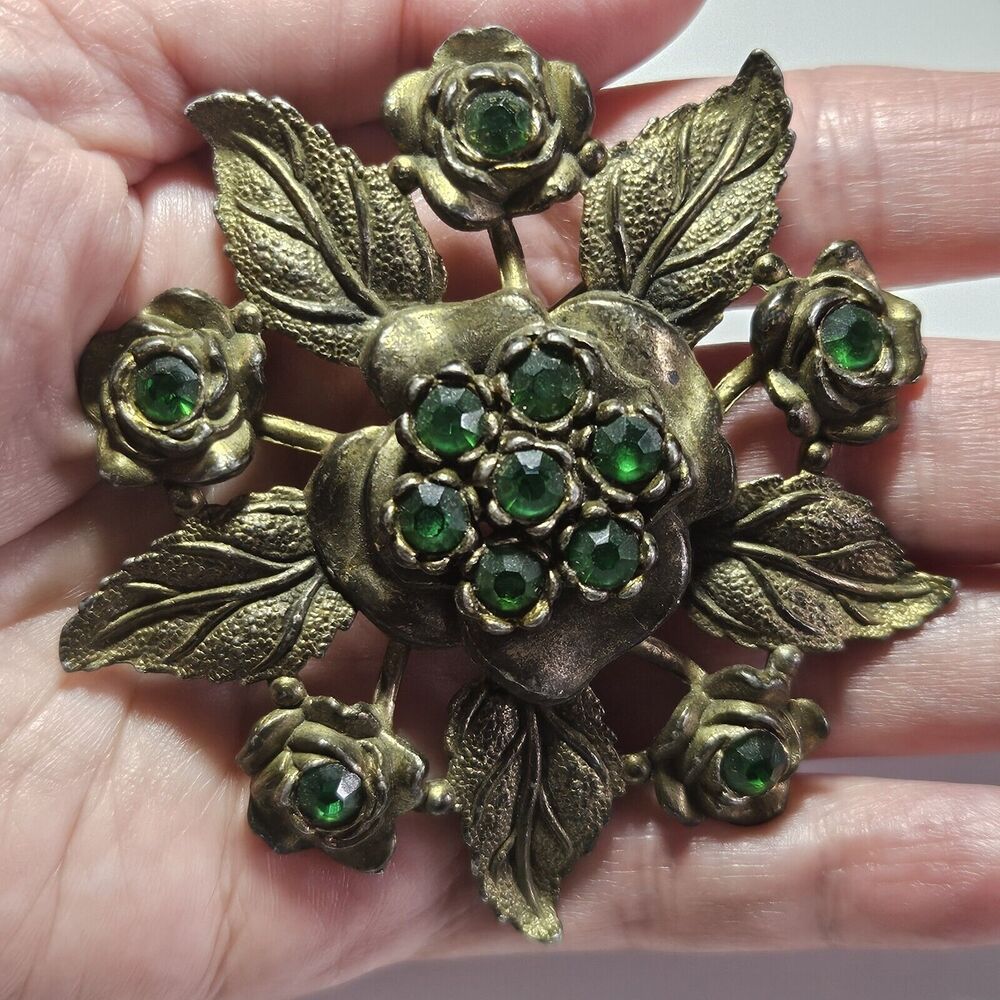 *Sale* Vintage 1940'S Little Nemo Signed Gold Tone Green Rhinestone Floral